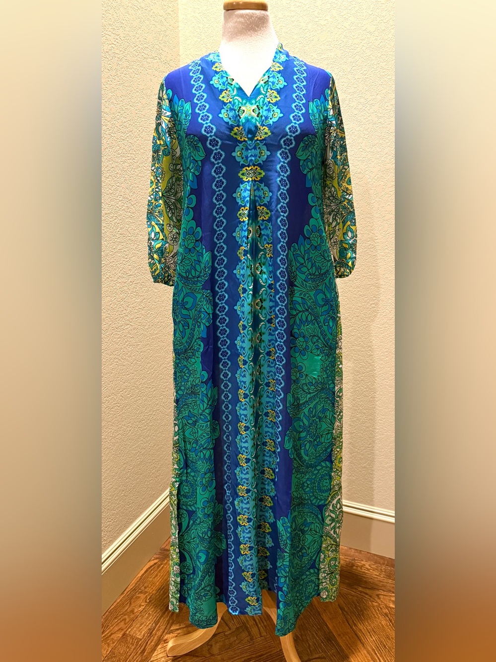Johnny Was Kahinu 100% Silk Maxi Dress Kaftan Blue Green Floral XS NEW - Picture 7 of 14